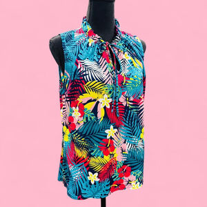 Rainbow Tropical Print Floral Sleeveless Blouse Medium